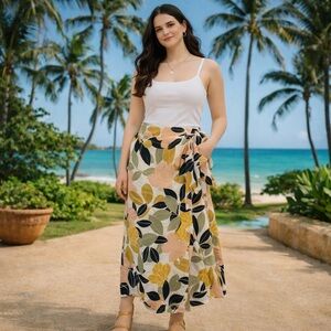 Rachel Zoe Floral Linen Faux Wrap Midi Skirt Tropical Boho Summer Vacation